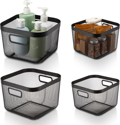 MorningRo 6 Pack Metal Mesh Basket with Hollow Handles Black Wire Storage Bin for Organizing Stackable Metal Fine Mesh Basket for Pantry Bathroom Kitchen Cabinets Shelves (Medium)