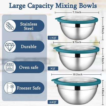 LIANYU Mixing Bowls with Airtight Lids Sets, 3 Packs Stainless Steel Metal Mixing Bowls, Ideal for Prepping, Cooking, Storage, Serving, Freezer & Dishwasher Safe, Khaki