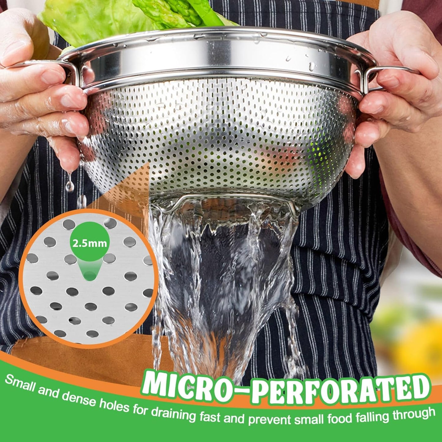 P&P CHEF Colander Strainer Stainless Steel 3 Quart, Metal Micro-Perforated Colander for Kitchen Food, Ideal for Rinsing Washing Draining, Dishwasher Safe, Shiny Silver, 2PCS