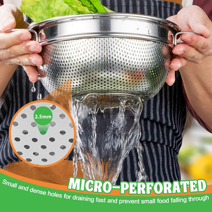 P&P CHEF Colander Strainer Stainless Steel 3 Quart, Metal Micro-Perforated Colander for Kitchen Food, Ideal for Rinsing Washing Draining, Dishwasher Safe, Shiny Silver, 2PCS