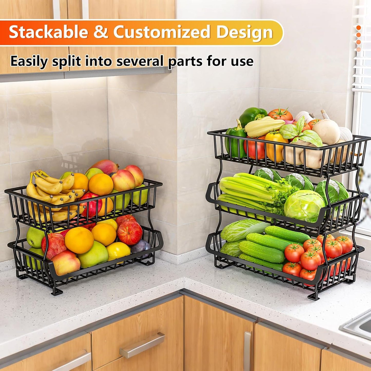 Gsiekare Fruit Vegetable Basket for Kitchen, 5 Tier Stackable Fruit Vegetable Storage Baskets with Wheels, Metal Wire Storage Basket Organizer Baskets for Kitchen, Pantry, Bathroom