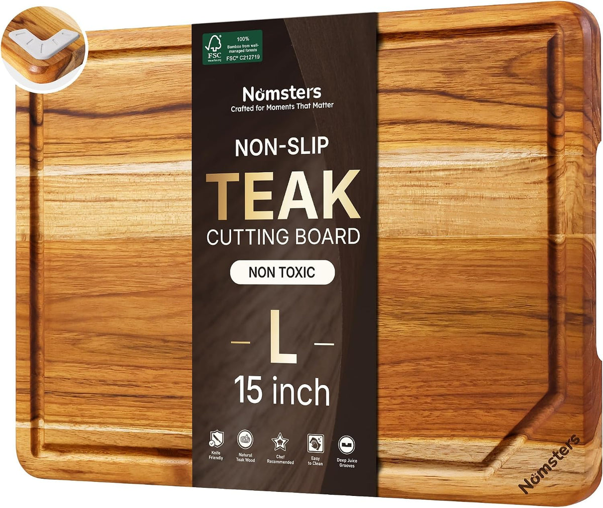 3 Pack Teak Wood Cutting Board Set for Kitchen Charcuterie Board Serving Heavy Duty Non Toxic Slip Hardwood Over Sink Solid Thick Haus Wooden Chopping Board Large Big Small Meat Best Essential Gift