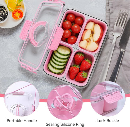 Small Snack Box Containers for Adults Men Women with 4 Compartments,Reusable Bento Box Adult Food Trays for Fruit,Charcuterie,Pink Lunch Box Divided Serving Tray with Lid and Handle for Work Travel