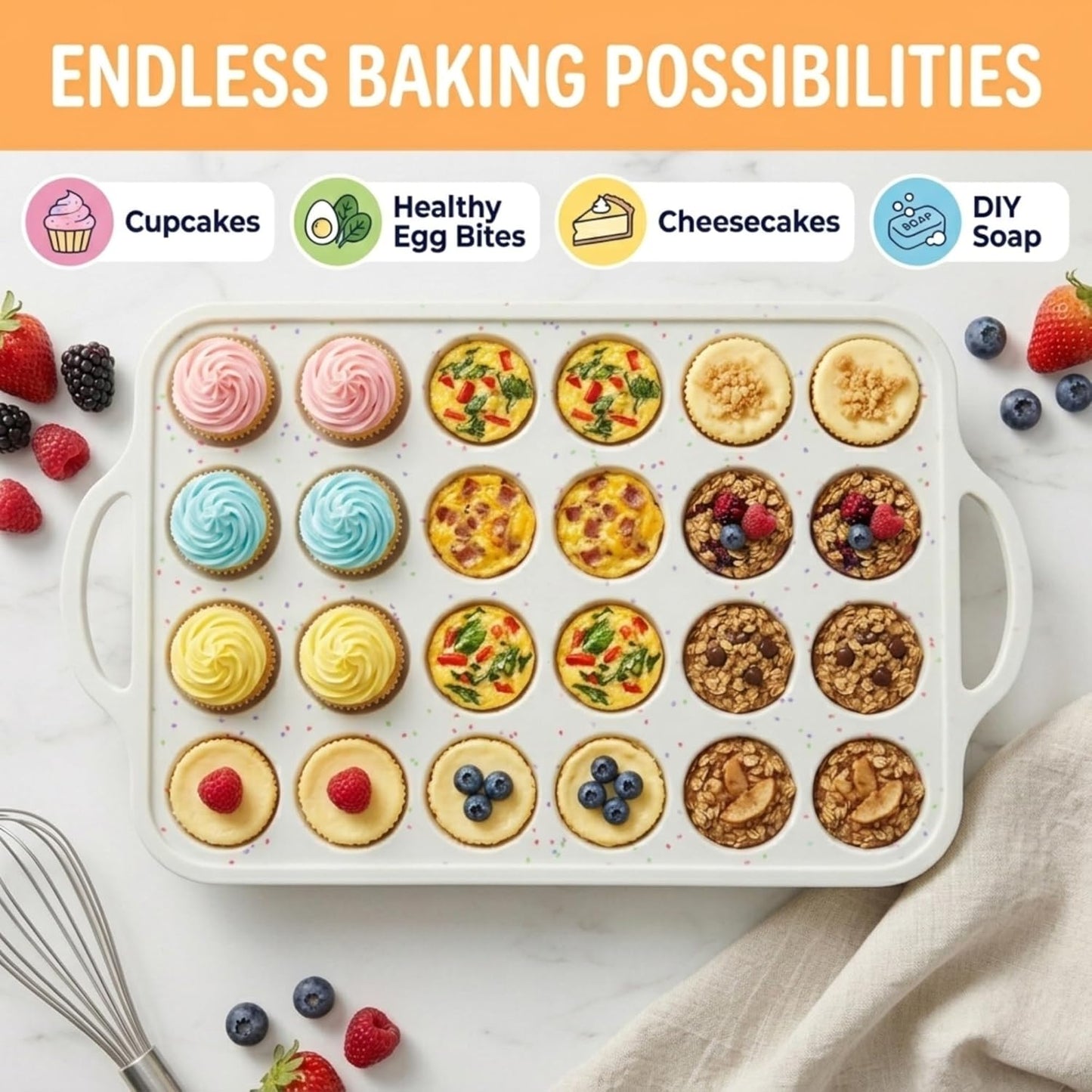 2-Pack Silicone Muffin Pan Set – Regular 12 Cup & Mini 24-Cup Silicone Muffin Pans for Baking – Nonstick Silicone Cupcake Pan with Metal-Reinforced Handles – BPA-Free, Dishwasher-Safe, Cream