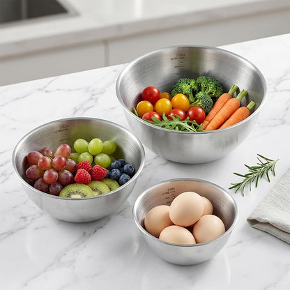 Stainless Steel Mixing Bowls Set of 3，Nesting Metal Prep Bowls with Interior Measurement Marks for Baking, Cooking & Food Storage - Space Saving, Rust-Proof & Dishwasher Safe