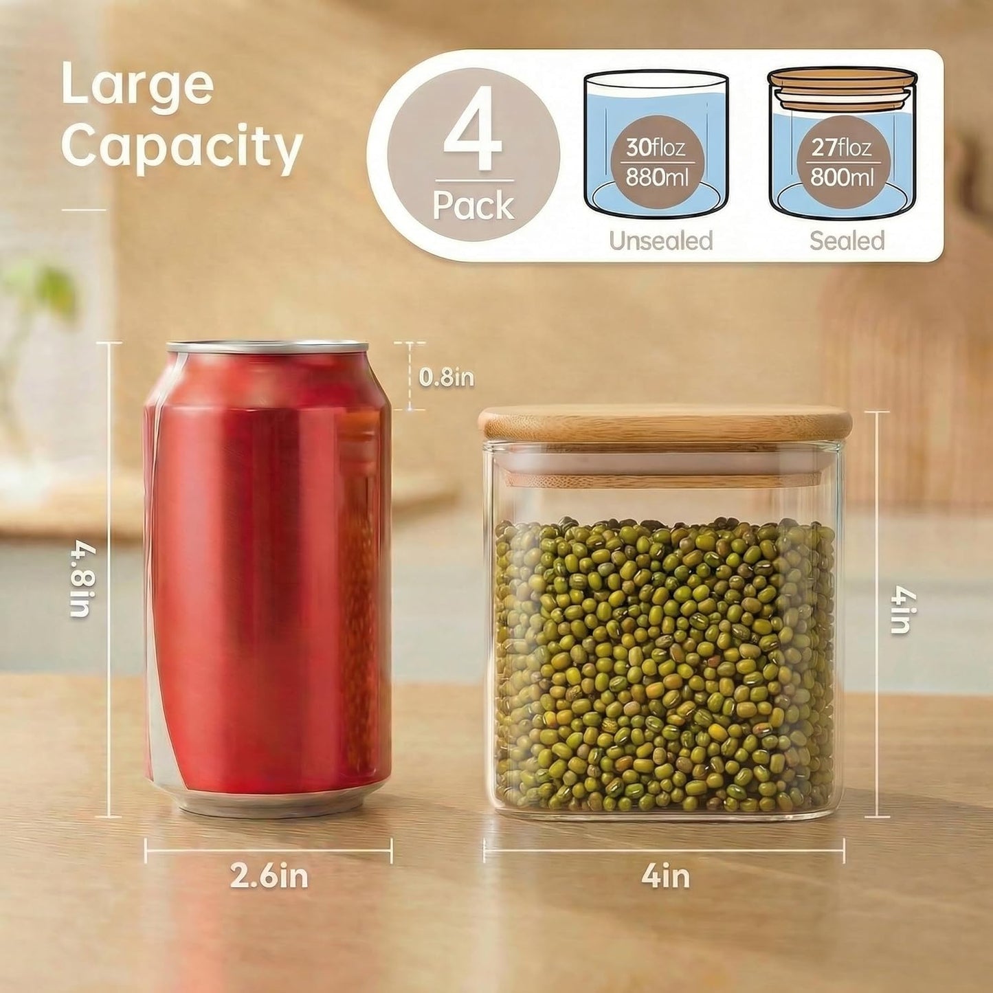 Extra Large Square Glass Flour & Sugar Storage Containers with Airtight Lids, 168 floz - 2 Pack Glass Jars with Bamboo Lids for Pantry, Air tight Food Storage Containers for Cereal, Pasta, Rice