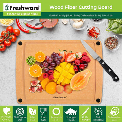 Freshware Wood Cutting Boards for Kitchen, Juice Groove, Non-Slip Silicone Feet, Dishwasher Safe, Medium 12" x 9" and Large, 15" x 11.25", Set of 2, Natural