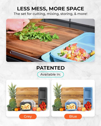 TidyBoard Meal Prep System Base Pack - Over-the-Sink Smart Chopping Board with 1 Large & 2 Small Silicone Tubs & Lids - 1” Thick Acacia Wood Cutting Board with Containers, 7 pieces