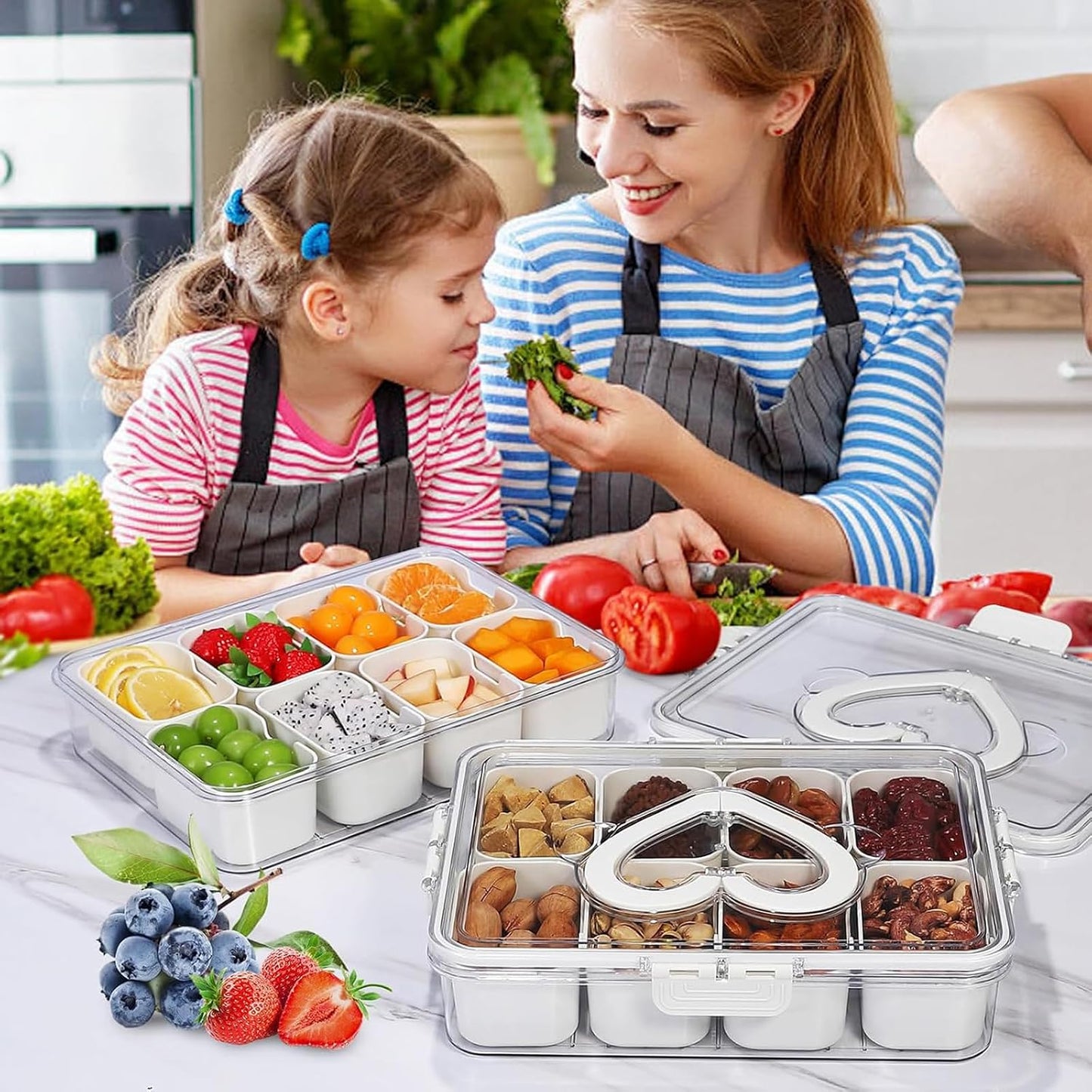 6-Compartment Snackle Snack Bowl with Lid-Microwave & Dishwasher Safe Divided Serving Bowl for Fruit,Veggies & Snacks-Portable Snack Organizer for Picnics,Road Trips & Parties (1 pcs 6 Compartment)