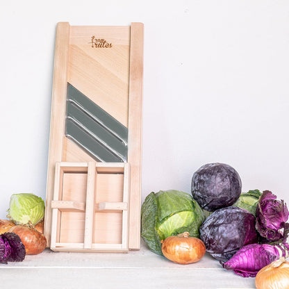 Traditional Wooden Cabbage Shredder Slicer with Hand Guard for Finely Cut Sauerkraut and Coleslaw - Heirloom Quality - Made in Europe - Beech Wood - Stainless Steel Blades