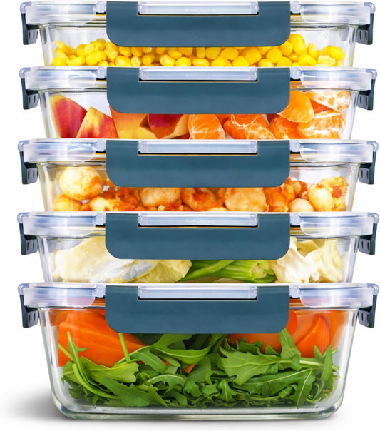 Brieftons Glass Meal Prep Containers: 5 Pack, 35 Oz with Airtight, Leakproof Snap Locking Lids, Perfect for Food Storage, Lunch & Portion Control, BPA-Free, Microwave, Oven, Freezer & Dishwasher Safe
