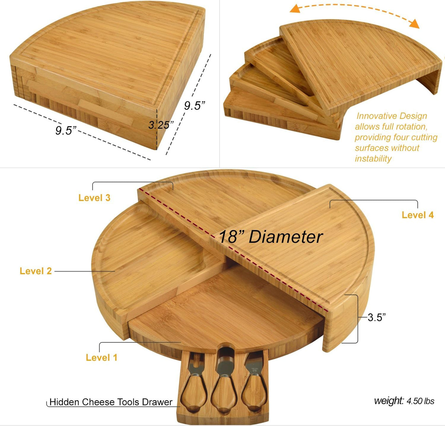 Picnic at Ascot Patented Bamboo Cheese/Charcuterie Board with Cheese Knife Set - Stores as a Compact Wedge - Opens to 18" Diameter - Designed & Quality Checked in USA