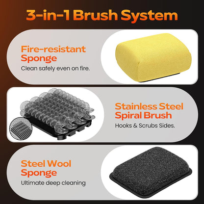 Reciprocating Electric Grill Brush, Fire-Resistant BBQ Grill Brush, Bristle-Free Grill Brush for Outdoor Grill, Grill Cleaner with 3 Heads, Cordless Grill Cleaning Brush with 3600 mAn, Silver