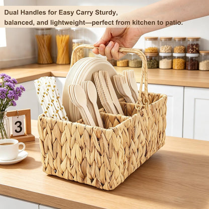 Water Hyacinth Utensil Caddy with Handle, 4 Compartments Woven Cutlery Organizer, Portable Flatware Holder for Outdoor Picnic, BBQ, Camping, Kitchen Counter & Party Table