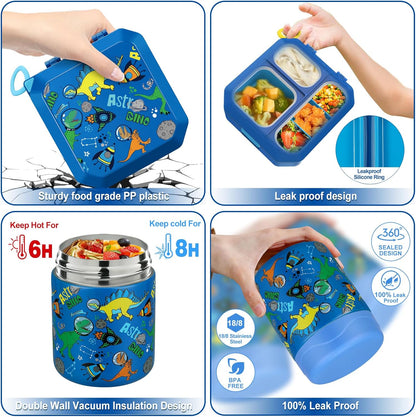 wiwens Bento Lunch Box for Kids with 12oz Soup Thermo Leak-Proof Lunch Food Container with 5 Compartment Thermo Hot Food Jar and Insulated Lunch Bag for Kid Toddler Girls Boys to School