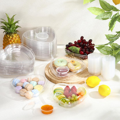 30 Set Heart Fruit Tray with Lid 7. 5 Inch Disposable Veggie Appetizer Tray with 2 oz Clear Plastic Dip Cup for Serving Party Dessert Cups Food Dip Platter Container for Veggie Snack Party