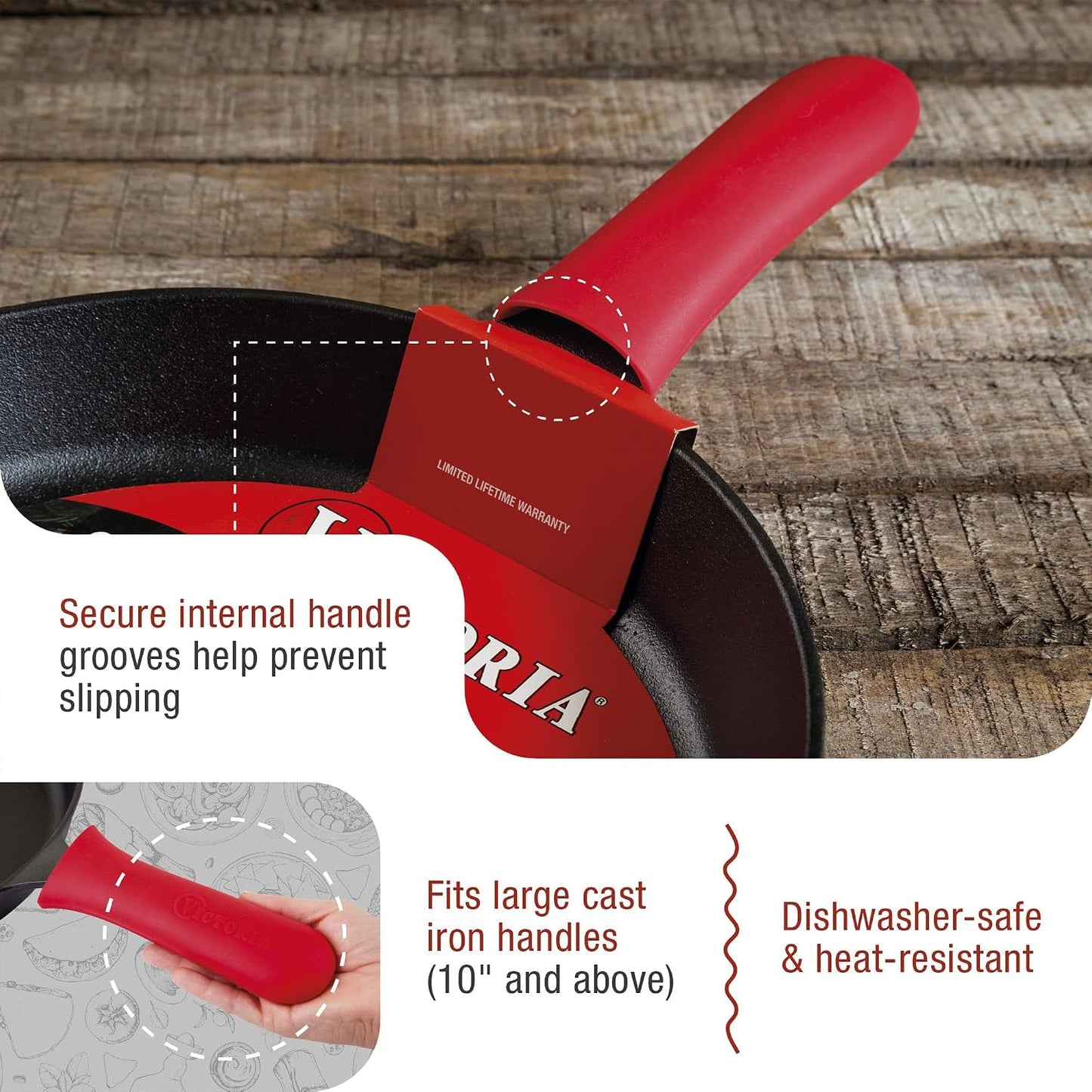 Victoria Silicone Handle Cover, Custom-Made Handle Sleeve for 10 and 12 Inch Victoria Cast Iron Skillets, Large, Red