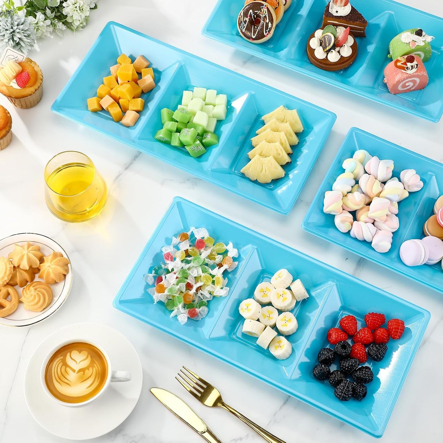 Ziliny 20pcs Black 3 Section Serving Tray Bulk Serving Dish Compartment Appetizer Tray Plastic Dessert Platter Divided Disposable Plate for a Tini Bit Older Party