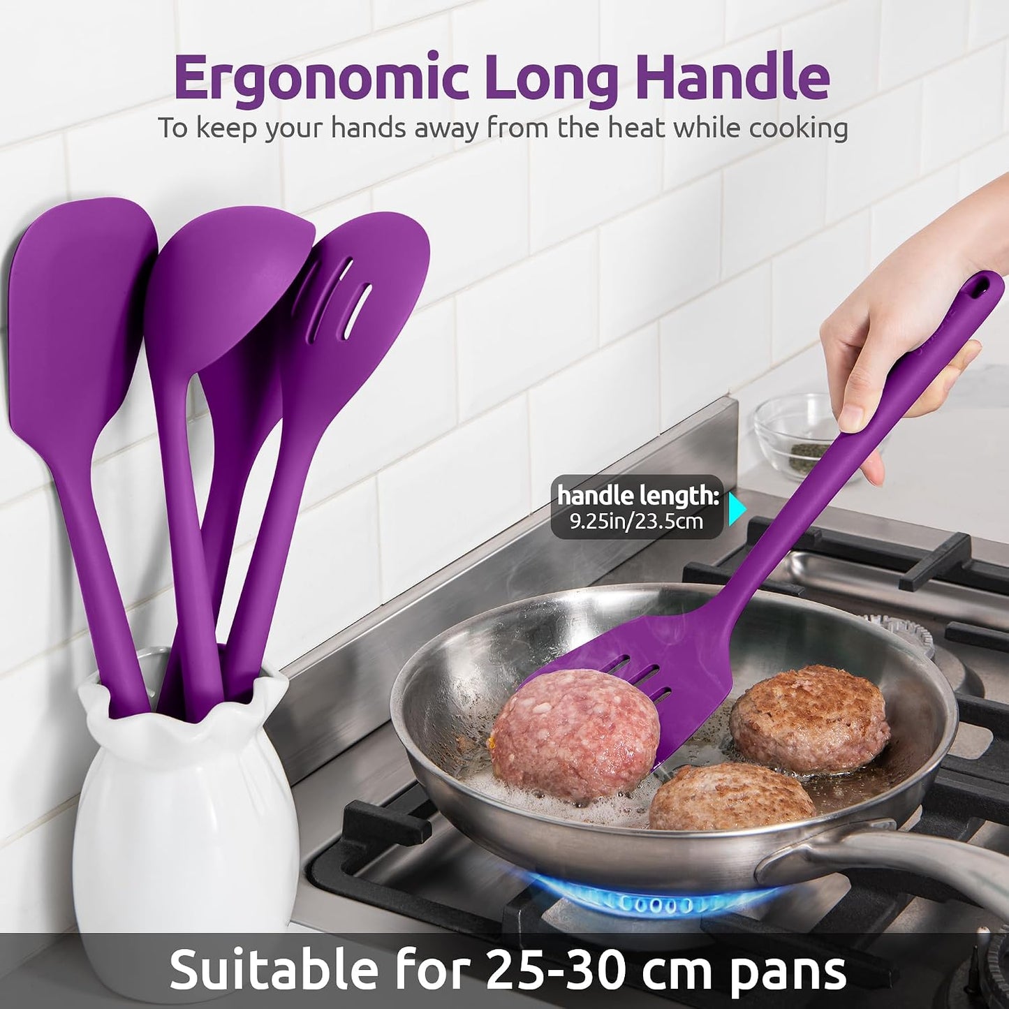600ºF Heat Resistant Kitchen Utensil: U-Taste 13.6" Extra Long Silicone Cooking Tools Set, Food-Grade Non-Stick Solid and Slotted Turner Spatula, Mixing Spoon, and Soup Ladle (5 Pieces, Aqua Sky)