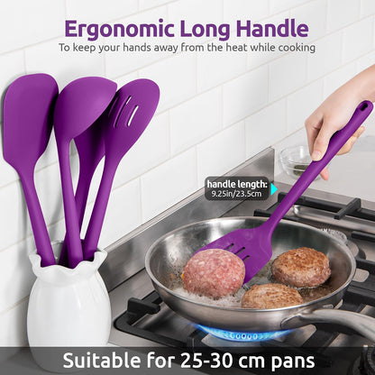 600ºF Heat Resistant Kitchen Utensil: U-Taste 13.6" Extra Long Silicone Cooking Tools Set, Food-Grade Non-Stick Solid and Slotted Turner Spatula, Mixing Spoon, and Soup Ladle (5 Pieces, Aqua Sky)