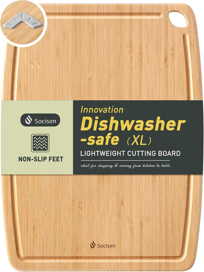 Lightweight Durable Bamboo Cutting Board Set with Non-Slip Feet, Wood Cutting Board for Busy Kitchen, Easy Clean Wooden Chopping Boards with Juice Groove Best House Warming Gift Set of 3 (S+M+L)
