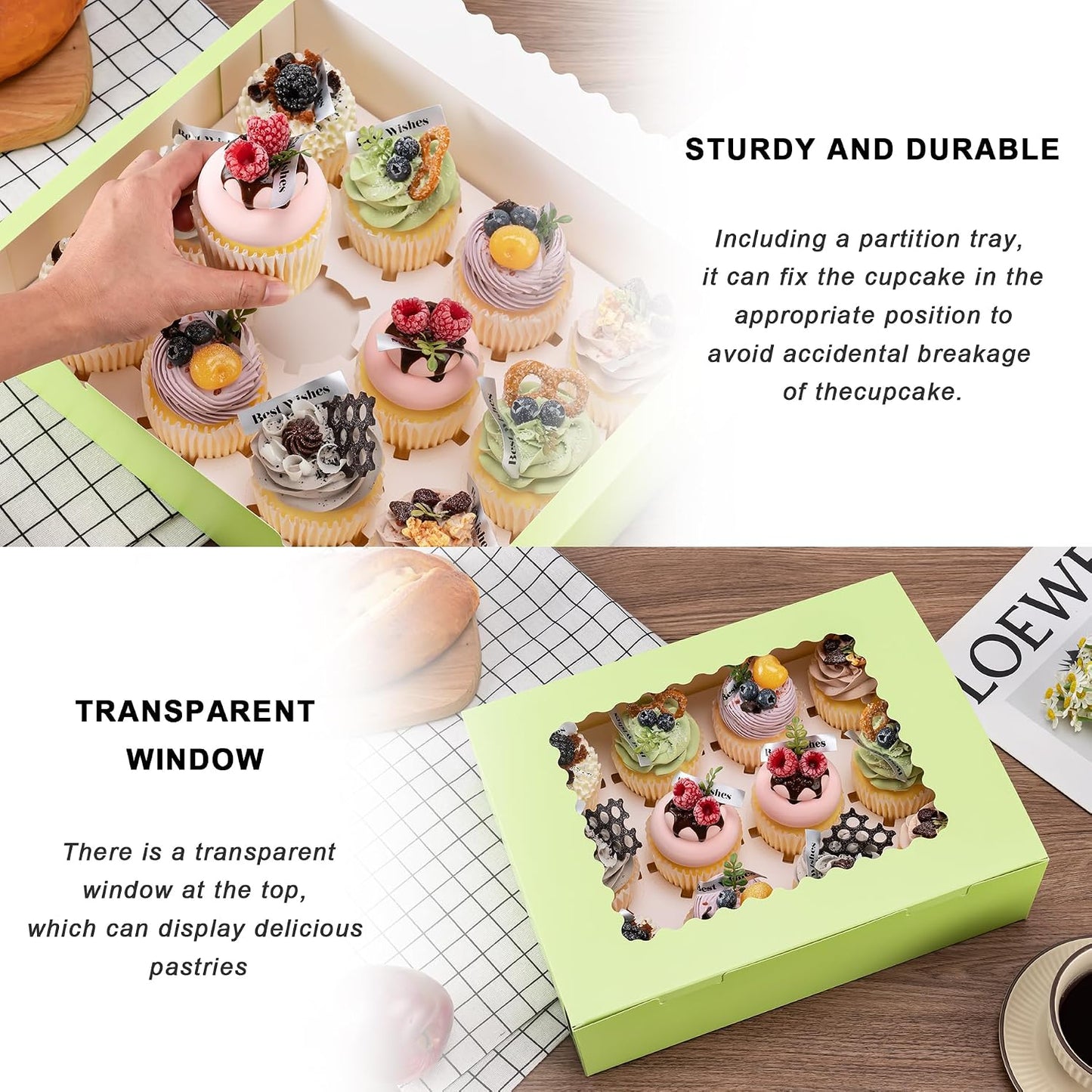 Hoewina 6PCS Cupcake Boxes - Hold 12 Count Cupcake Containers with Window, Food Grade Cupcake Holder Easy Transport and Presentation - Ideal for Cupcakes, Desserts, and More
