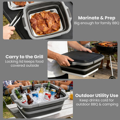 16L Collapsible BBQ Prep Tub Set with Lid, Tray, Tongs & Brush | Prep, Marinate, Carry, Grill & Serve Food in One Organized BBQ System