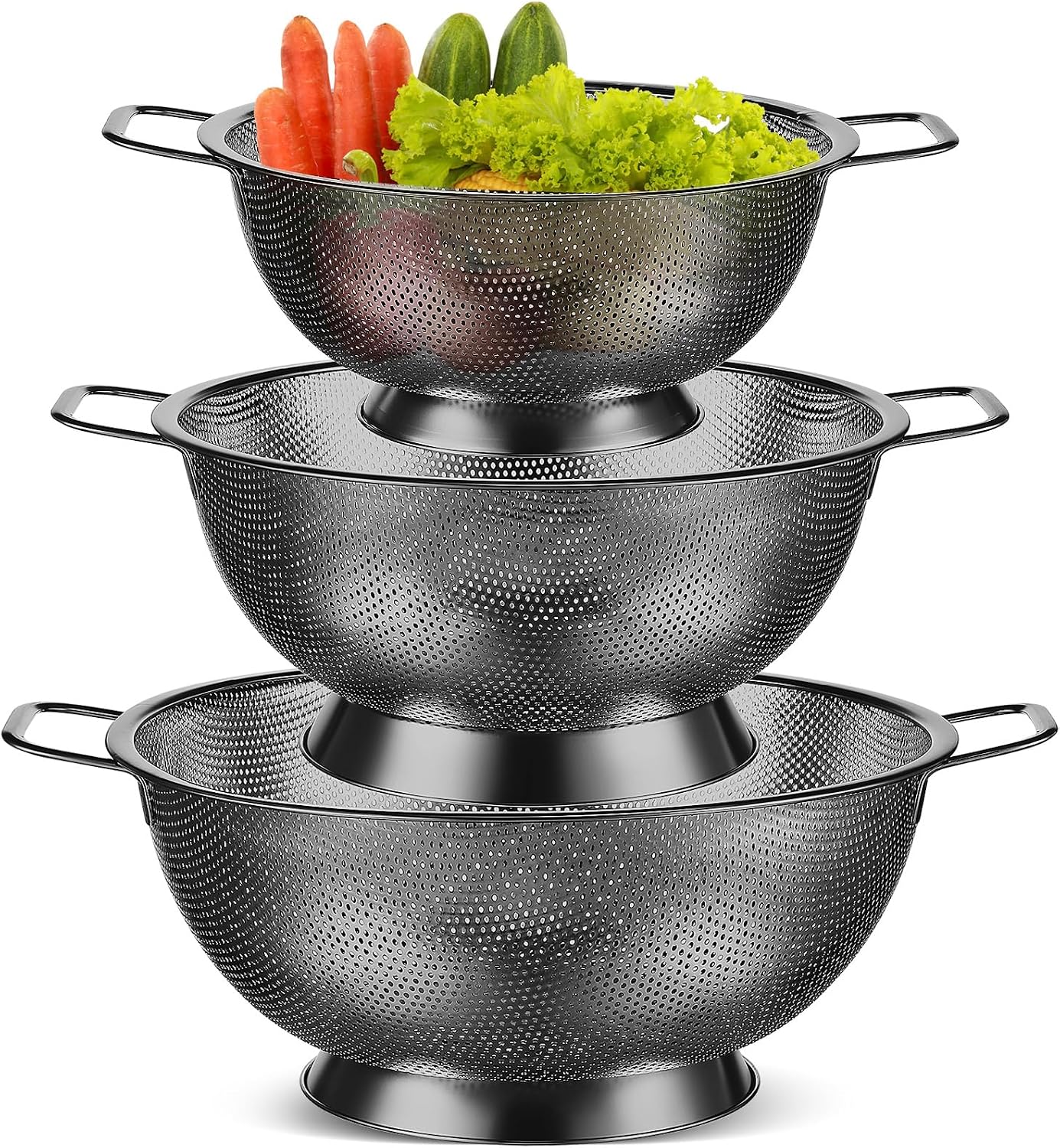 Bokon 3 Pcs Stainless Steel Colander Set Colander Bowl and Sieves 1/3/5 Quart Metal Mesh Strainer Net Basket with Handles Food Spaghetti Strainer for Kitchen Draining Pasta Rinsing(Gold)