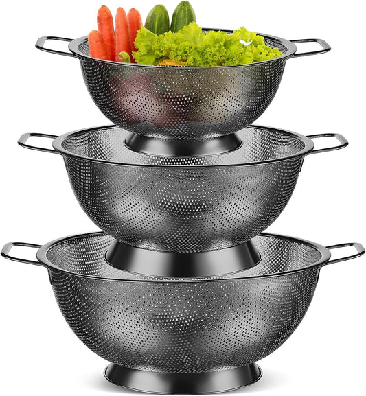 Bokon 3 Pcs Stainless Steel Colander Set Colander Bowl and Sieves 1/3/5 Quart Metal Mesh Strainer Net Basket with Handles Food Spaghetti Strainer for Kitchen Draining Pasta Rinsing(Gold)