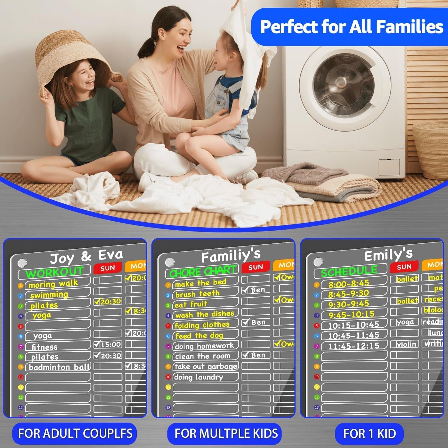 PigPotParty 2-in-1 Acrylic Magnetic Chore Chart for 2 Kids, Couples, Roommates, 15"x11" Large Dry Erase Chore Board for Fridge, Clear Weekly & Daily Reward Chart, Includes 12 Markers & Towel