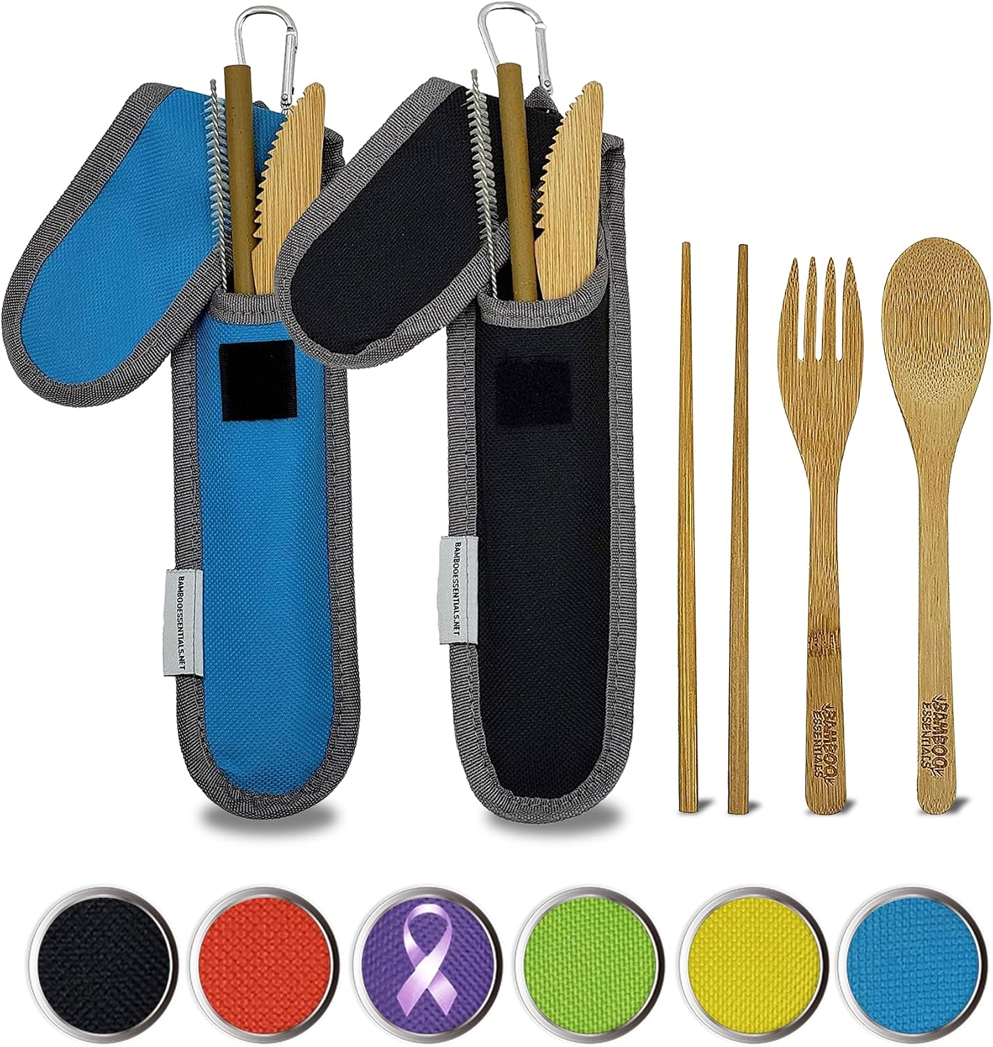 Travel Utensils with Case Set Fork, Knife, Spoon, Chopsticks, Straw, Straw-cleaning brush, Travel Pouch and Carabiner, Excellent For Everyday Use! ((1Set) Sky Blue)