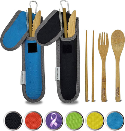 Travel Utensils with Case Set Fork, Knife, Spoon, Chopsticks, Straw, Straw-cleaning brush, Travel Pouch and Carabiner, Excellent For Everyday Use! ((1Set) Sky Blue)