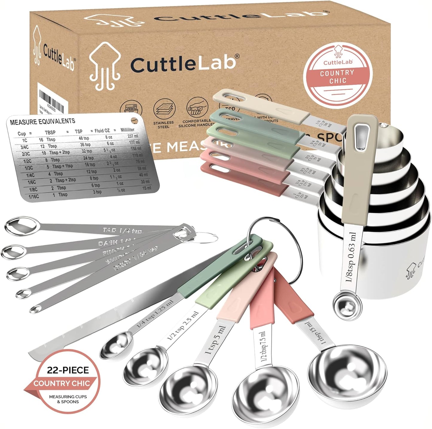 CuttleLab 22-Piece Stainless Steel Measuring Cups and Spoons Set, Tad Dash Pinch Smidgen Drop Mini Measuring Spoons, Measuring Stick Leveler, Measurement Conversion Chart Fridge Magnet, (Charcoal)