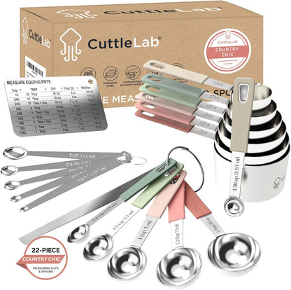 CuttleLab 22-Piece Stainless Steel Measuring Cups and Spoons Set, Tad Dash Pinch Smidgen Drop Mini Measuring Spoons, Measuring Stick Leveler, Measurement Conversion Chart Fridge Magnet, (Charcoal)