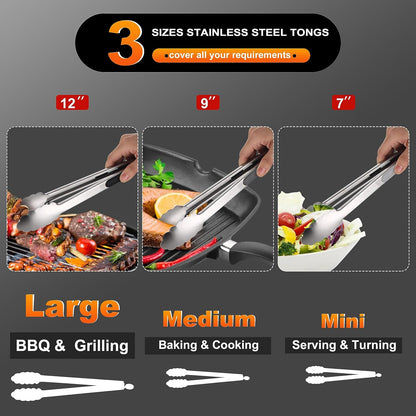 Anaeat Premium Kitchen Locking Tong Set of 3 - Heavy Duty Stainless Steel Food Tongs with Long Handle & Non-Slip Silicone Grip for Cooking, Baking, Grilling - Heat Resistant up to 480°F