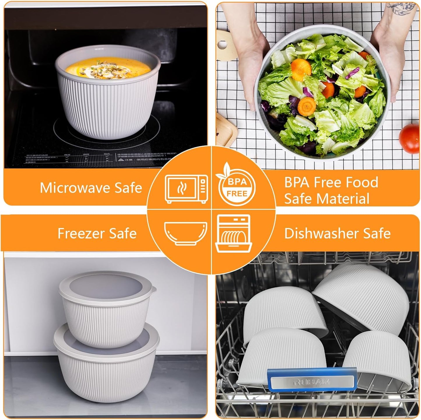 BoxedHome Plastic Mixing Bowls with Lids Set,4.97QT Large Capacity Deep Nesting Bowl,8 Pieces Set BPA-Free Prep Bowls,Dishwasher & Microwave Safe,Beige