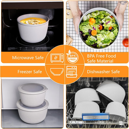 BoxedHome Plastic Mixing Bowls with Lids Set,4.97QT Large Capacity Deep Nesting Bowl,8 Pieces Set BPA-Free Prep Bowls,Dishwasher & Microwave Safe,Beige