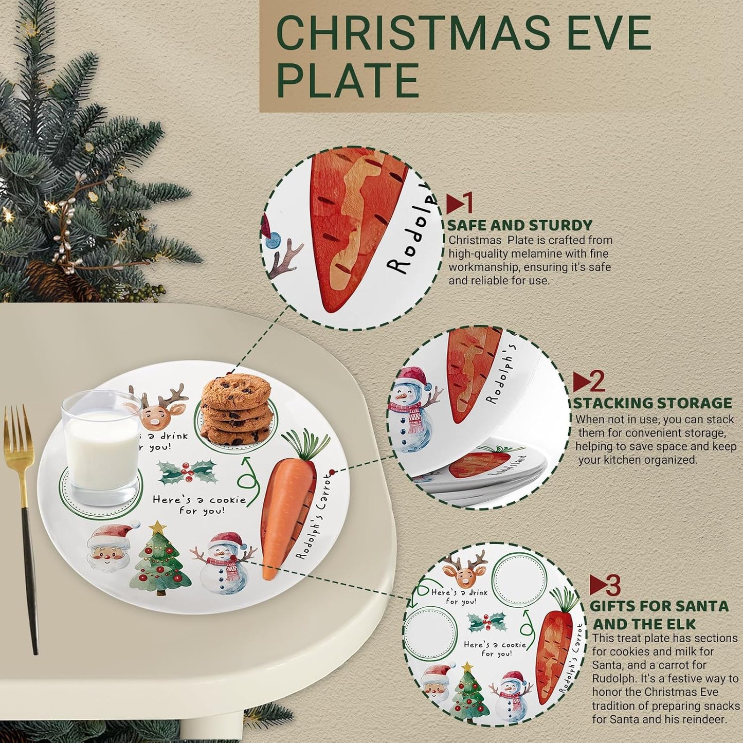 10" Santa Cookie Melamine Plate – Round Christmas Tray for Snacks, Milk, and Carrots, Cute Santa Treat Platter for Xmas Eve, Decorative Serving Board for Holiday Parties (2 Pieces)