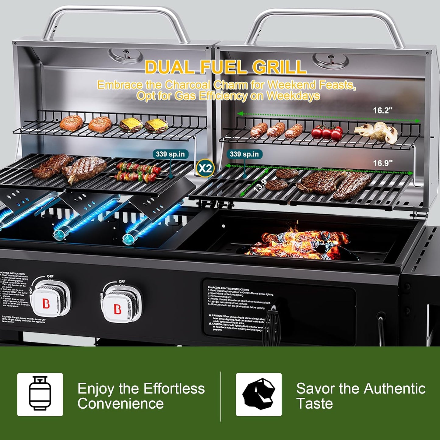Brand-Man Propane Gas and Charcoal Grill Combo,Grill and Griddle Combo Dual Fuel BBQ Grill with Dual Lids for Outdoor Barbecue, Black