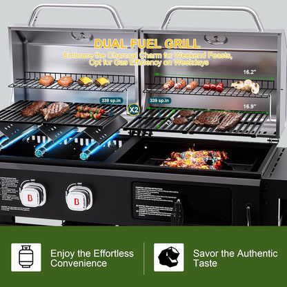 Brand-Man Propane Gas and Charcoal Grill Combo,Grill and Griddle Combo Dual Fuel BBQ Grill with Dual Lids for Outdoor Barbecue, Black