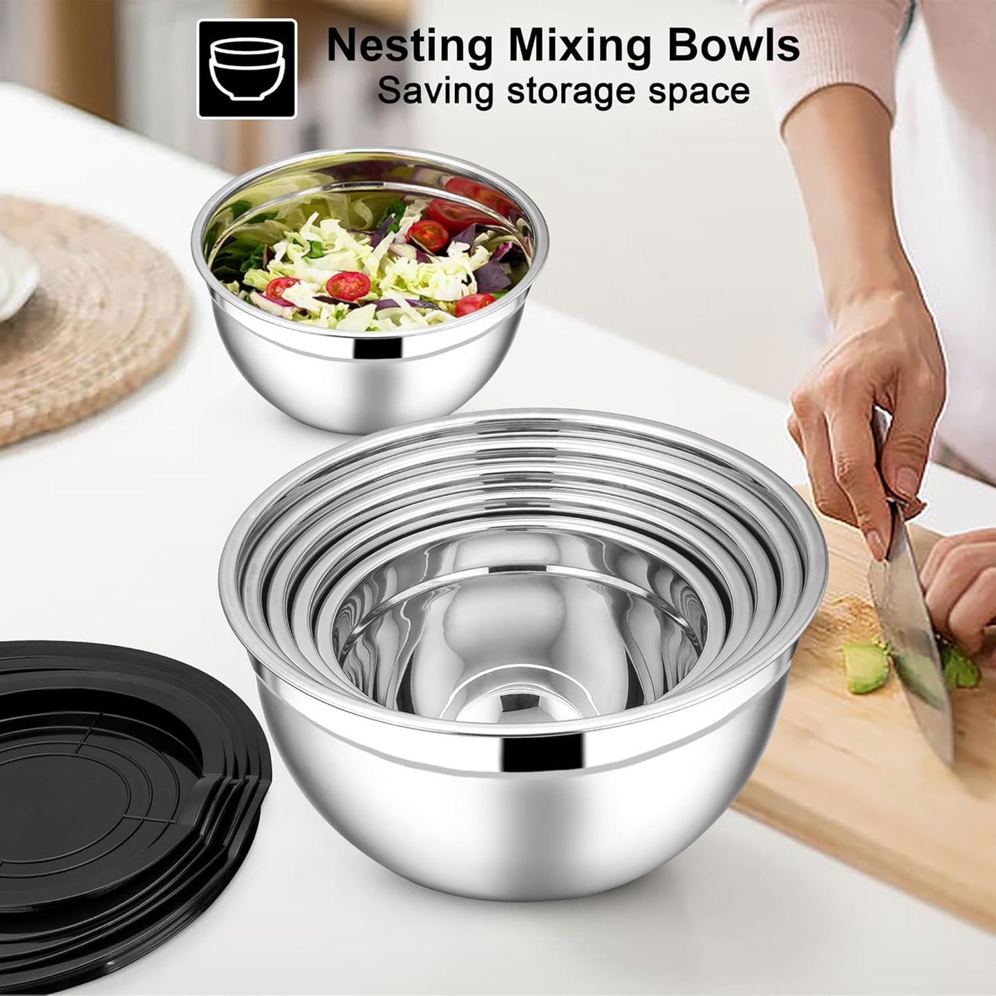 E-far Stainless Steel Mixing Bowls with Lids Set, 5-Piece Nesting Salad Bowls with 3 Grater Attachments and Non-Slip Bottoms, Size 4.6, 2.6, 2, 1.5, 1QT for Kitchen (Khaki)