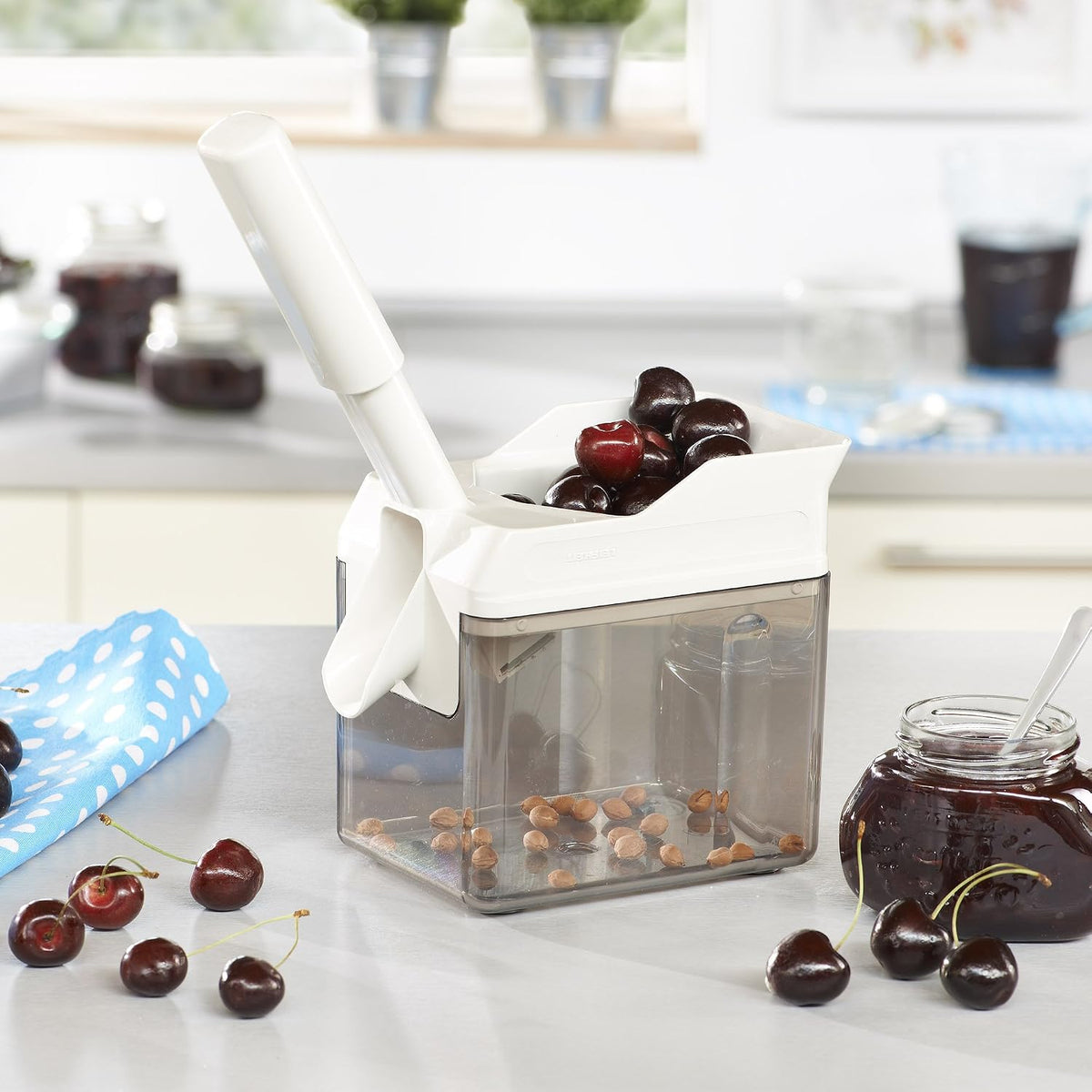 Leifheit Cherry Stoner Remover – Stainless Steel Plunger Pits 25 Lbs/Hour, Easy-Clean Container, Dishwasher Safe, Ideal for Pies, Canning, Snacking, German Design, Replacement Parts – White