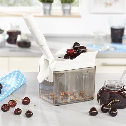 Leifheit Cherry Stoner Remover – Stainless Steel Plunger Pits 25 Lbs/Hour, Easy-Clean Container, Dishwasher Safe, Ideal for Pies, Canning, Snacking, German Design, Replacement Parts – White