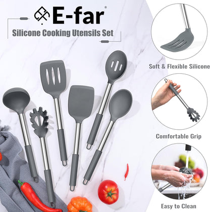 E-far 14 Pieces Silicone Cooking Utensils Set, Kitchen Utensils Set with Holder, Spatula, Ladle, Spoon, Tong, Slotted Turner for Nonstick Cookware, Heat Resistant & Stainless Steel Handle, Black