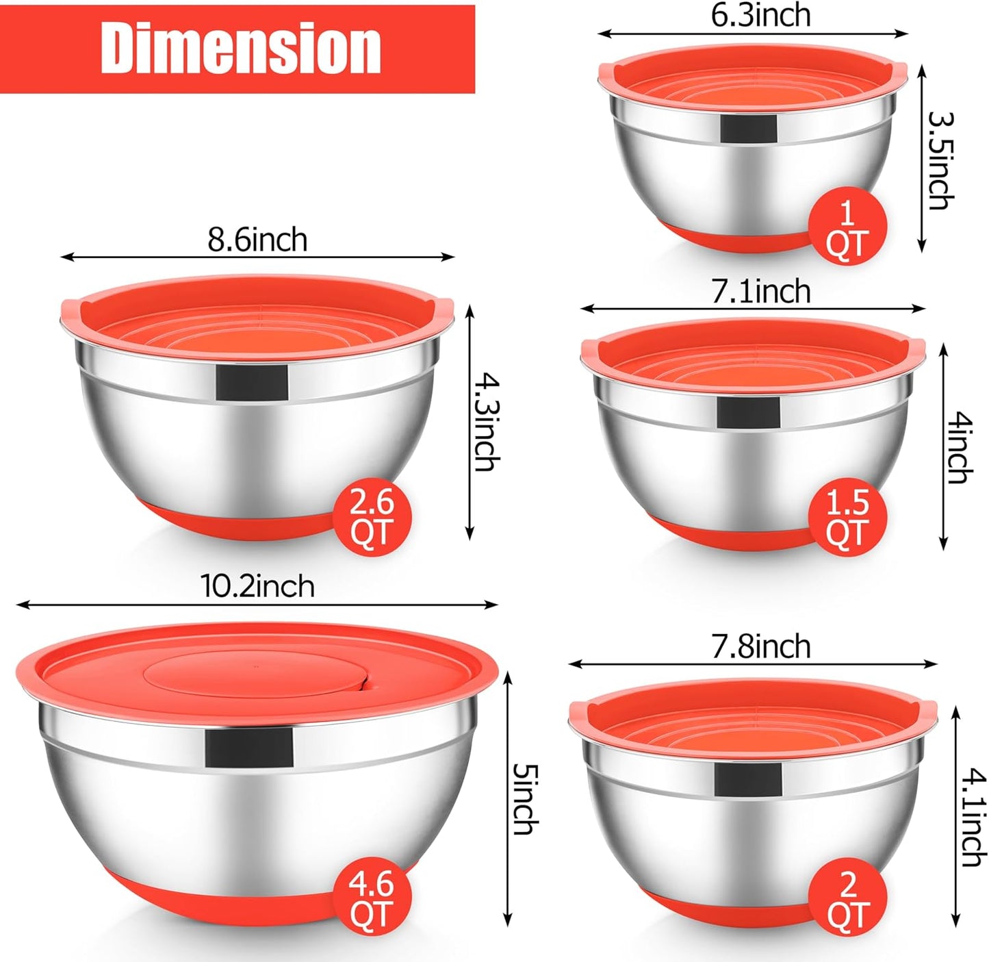 E-far Stainless Steel Mixing Bowls with Lids Set, 5-Piece Nesting Salad Bowls with 3 Grater Attachments and Non-Slip Bottoms, Size 4.6, 2.6, 2, 1.5, 1QT for Kitchen (Khaki)