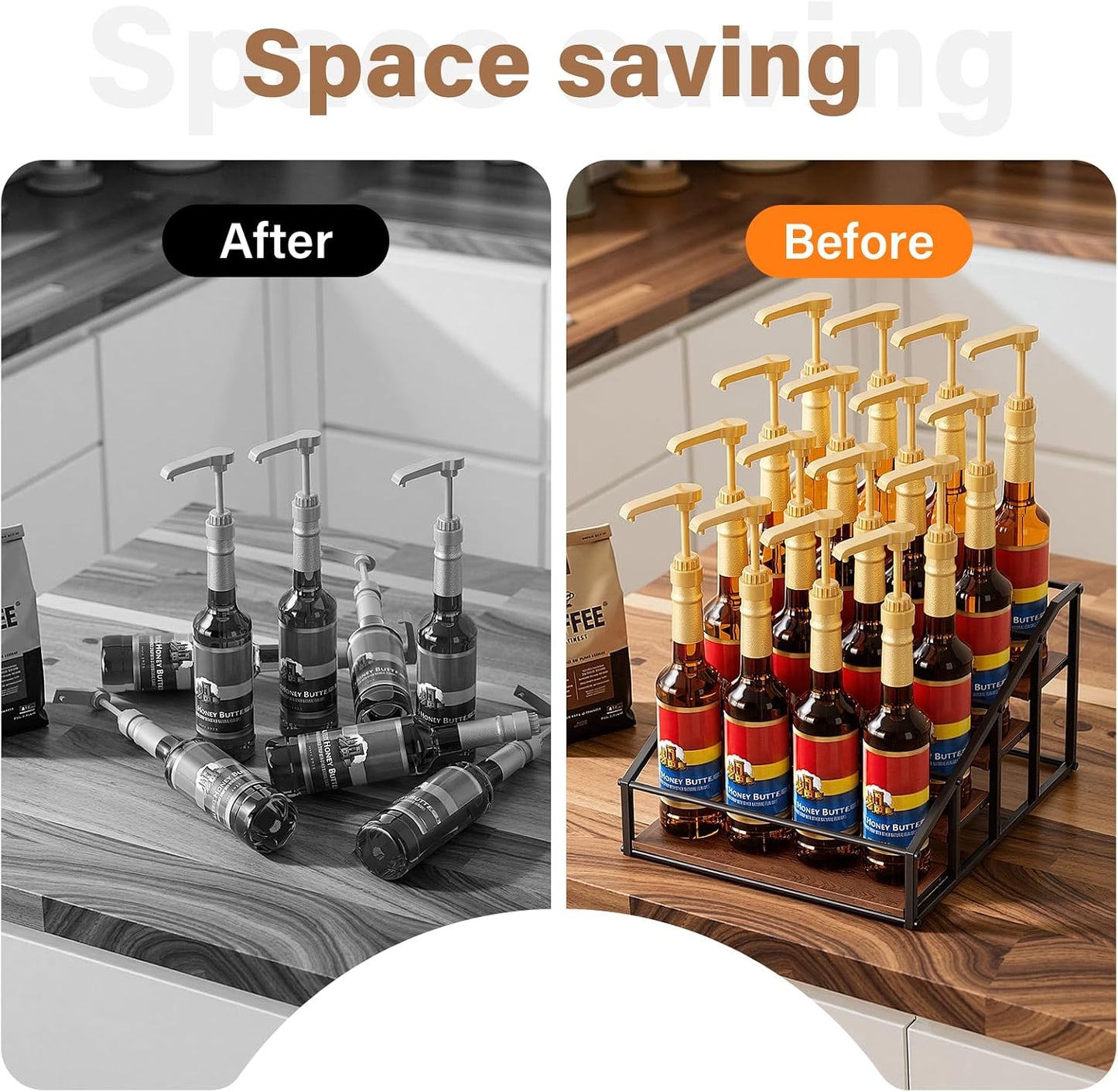 kimilus Coffee Syrup Organizer Rack, Liquor Bottle Display Shelf, 2 Tier 10 Syrup Bottles Holder Stand for Coffee Bar Kitchen Small Wine Rack for Family Storage for Syrup Wine Dressing