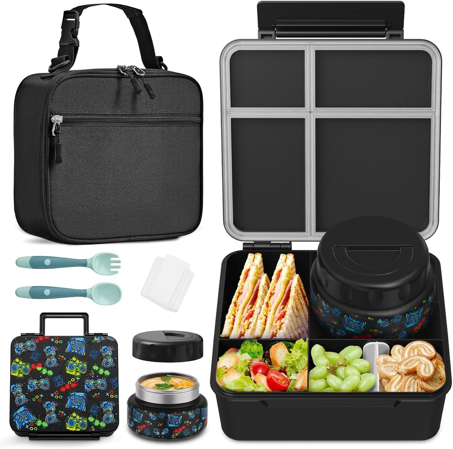 Bento Box for Kids with Thermo Food Container (9oz), 4-Compartment Lunch Box, Adjustable Divider, Leakproof Bento Lunch Box, Includes Utensils & Carry Bag for School, Office(Blue)
