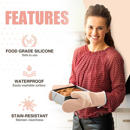 Silicone Oven Mitts, Heat Resistant 2PCS Oven Mitts with Soft Cotton Lining, Waterproof Non-Slip Grip Oven Glove, Kitchen Potholder Mits for BBQ, Baking, Cooking, 12.5 Inch - Grey