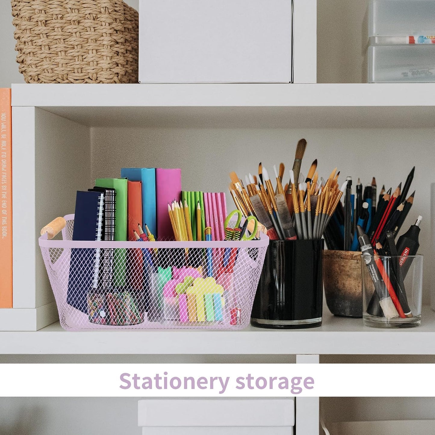 2Pack Metal Mesh Steel Basket with Bamboo Handle - Wire Metal Basket for Kitchen Organization, 12" Wide Food Organizer Bin, Perfect for Organizing Bulk Pantry (WHITE)