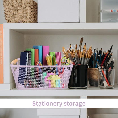 2Pack Metal Mesh Steel Basket with Bamboo Handle - Wire Metal Basket for Kitchen Organization, 12" Wide Food Organizer Bin, Perfect for Organizing Bulk Pantry (WHITE)